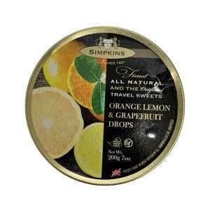 Simpkins Orange Lemon & Grapefruit Drops Travel Sweets 200g tin